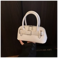 Elegant white leather satchel bag with silver buckle details and top handle - White