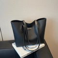 Klassieke zwarte grote leren tote tas met Michtam-logo voor zakelijk dagelijks gebruik - Zwart