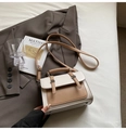 Elegant two-tone beige and khaki crossbody bag with top handle and metal buckle - Khaki (No Pendant)