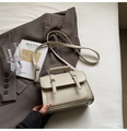 Elegant beige square handbag with dual decorative straps and silver metal hardware - Bean Green Without Pendant
