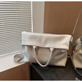Silver lychee grain leather tote bag details with handles and adjustable shoulder strap - Silver
