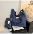 Navy blue corduroy tote bag set with matching small zipper pouch and textured finish - Blue
