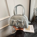 Light blue pleated Boston handbag in soft PU leather with adjustable shoulder strap - Blue