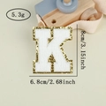Detailed view of white chenille letter K patch with gold glitter border and dimensions - Letter K / White / Hot Melt Adhesive