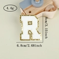 Detail of chenille letter R patch with gold sequins showing 8x6.8cm measurements - Letter R / White / Hot Melt Adhesive