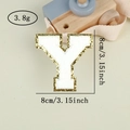 Detail of white chenille letter Y patch with gold glitter edge, size 8cm 3.15 inch - Letter Y / White / Hot Melt Adhesive