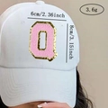 Detail of chenille letter Q patch with gold sequins on white baseball cap - Letter Q / Pink / Hot Melt Adhesive