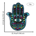 Detailed Hamsa Hand sequin patch showing precise 27.5cm x 22.8cm dimensions and weight - Style 7 (5212397365906)