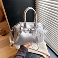 Silver metallic square handbag with pearl charm and lace bow on a classic lock design - Silver (With Pendant)