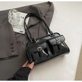 Glossy black PU leather pillow bag with double front pockets and silver buckles - Black