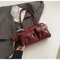Vintage burgundy glossy PU leather bowling bag with side teddy bear charm and pockets - With Pendant / Red