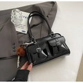 Retro black faux leather bowling bag with multi-pocket design and bear keychain charm - With Pendant / Black