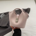 Fashionable light pink bucket bag in smooth PU leather with adjustable shoulder strap - Light Pink Without Charm