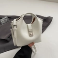 Creamy white PU leather bucket bag with silver buckle and adjustable strap - White Without Pendant