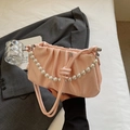 Pink pleated cloud bag with pearl chain handle and silver metallic ball clasp - Pink