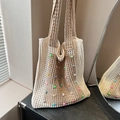Bolso tote de ganchillo bohemio con degradado beige y marrón y cuentas de colores - Caqui