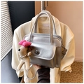 Silver metallic handbag with dual-layer design and a cute dog plush charm pendant - With Charm / Silver