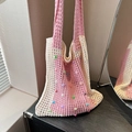 Bolso tote de punto rosa y beige con cuentas coloridas para hombro de verano - Rosa