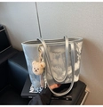 Detail of silver bucket bag with marble texture and cute plush bear accessory - With Charm / Silver