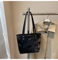 Minimalist black bucket bag with grey marble pattern and golden stud details - No Pendant / Black