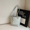 Light blue PU leather tote bag with embossed bear and floral patterns and a charm - With Charm / Blue