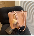 Pink minimalist tote bag in soft matte faux leather with a cute plush bear charm - With Charm / Pink