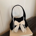 Chic black corduroy tote bag with large white satin bow and drawstring closure - Black