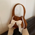 Brown corduroy handbag with a large white silk bow and elegant pleated design - Brown