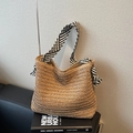 Bolso tote de paja grande con correas a rayas blancas y negras y lazos laterales - Caqui