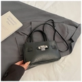 Mini black bucket bag in lychee pattern leather with silver buckle and handle - No Pendant / Black