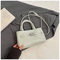 Elegant mint green litchi grain leather bucket bag with silver twist lock and strap - No Pendant / Sea Salt Blue
