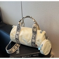 Detail of cream barrel bag with SJCHAO woven strap and matching mini coin purse pouch - White