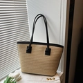 Grand sac cabas en paille beige avec anses en cuir noir pour les vacances - Noir