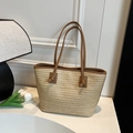 Sac cabas en paille beige avec poignées en cuir marron et boucles décoratives - Marron
