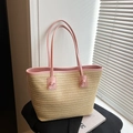 Sac fourre-tout en paille avec garniture en cuir rose pour vacances d'été - Rose