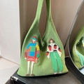 Grass green knitted tote bag with cute cartoon girl embroidery and shoulder strap - Green