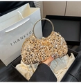Elegant champagne sequined evening bag with round metal handle and chain strap - Style 1 Gold