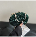 Deep green sequined evening clutch bag with round golden handle and chain strap for women - Style 2 Green