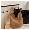 Beige woven beach tote bag featuring unique wooden bead handles for boho summer style - Khaki