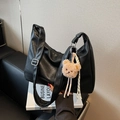 Large black faux leather tote bag with a cute bear pendant and adjustable wide shoulder strap - Black Large