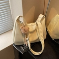 Creamy white hobo shoulder bag with a cute bear charm and adjustable strap - White Large