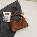 Brown faux leather hobo tote bag with adjustable strap and cute plush bear charm - Brown Small