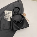 Chic black half-moon tote bag with a brown teddy bear charm and wide shoulder strap - Black Small