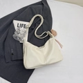 Minimalist cream white hobo tote bag with a brown plush bear charm and ribbon detail - White Small
