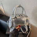 Silver metallic Boston bag with crinkle texture and delicate pearl lace bow charm - Silver
