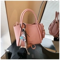 Pink lychee texture leather bucket bag with top handles and a cute bear charm pendant - Pink (With Pendant)