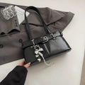 Glossy black underarm bag with silver heart charm and bow accent for casual style - With Pendant / Black