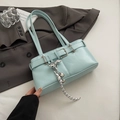 Light blue faux leather shoulder bag with decorative belt buckle and heart charm strap - With Pendant / Blue