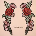 Pair of red rose floral embroidery patches for clothes DIY, size 13cm x 28cm - Symmetrical Rose Style Combination (GZ-768AB) / 2 Pieces