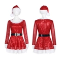 Rotes Pailletten-Weihnachtskleid-Set mit Gürtel und Hut in Vorder- und Rückansicht - XS / Weihnachtsrot Pailletten (Mit Hut Und Gürtel)